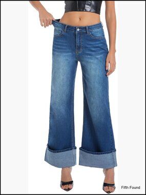 High Waisted Wide Leg Stretchy Cuffed Baggy Jeans Loose Denim Pants